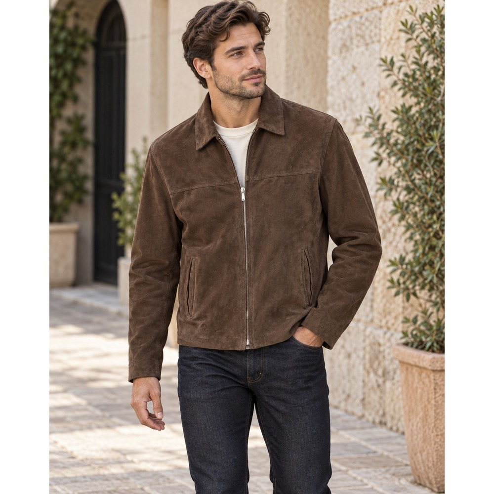 Mario Romano Suede Leather Jacket Brown 48 Made Italy Florence Full Zip